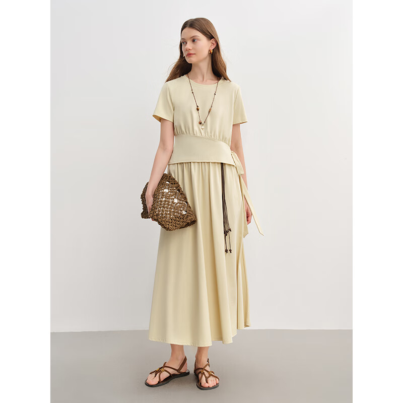 独束 大码女装侧系带松弛感短袖针织套装2025夏减龄上衣半身裙 冰川蓝（上