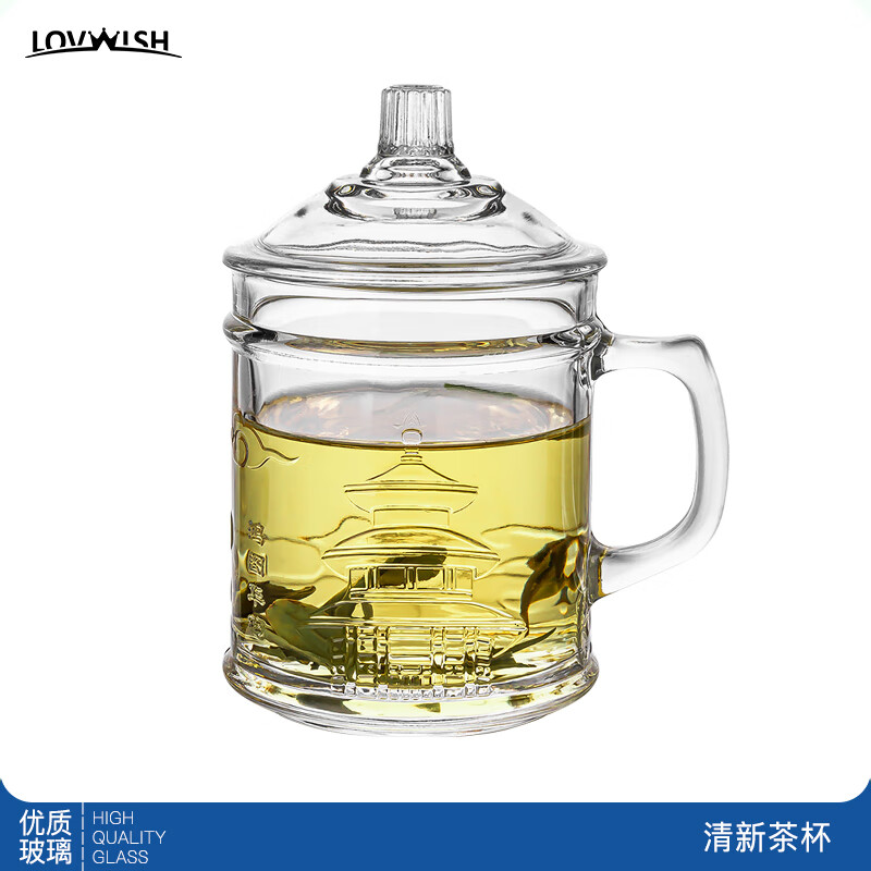 乐唯诗 LOVWISH 浮雕玻璃杯+盖+勺 350ml 透明 ￥7.9