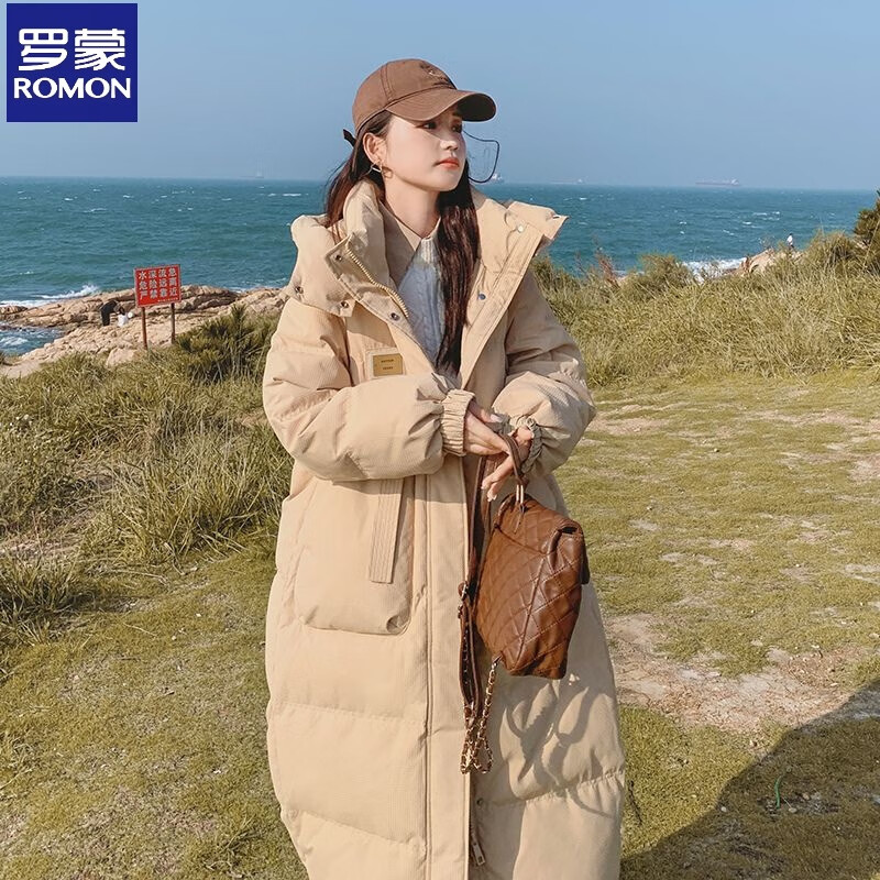 年货节:罗蒙 ROMON 冬季羽绒棉服女韩版宽松加厚中长款过膝棉衣 卡其 S 90-110