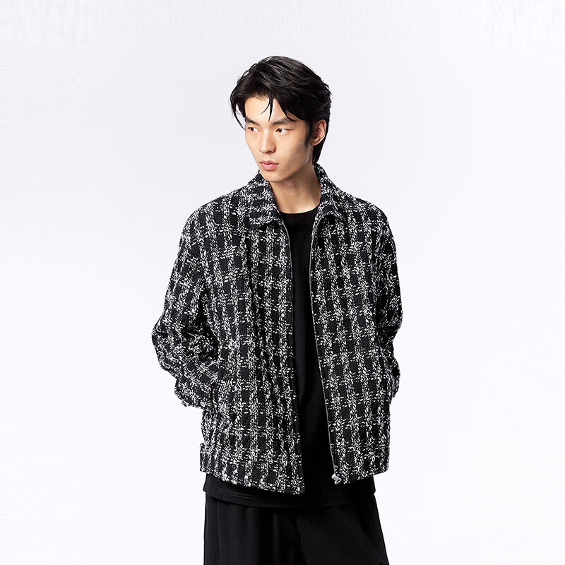 太平鸟 男装小香风夹克翻领外套肌理感休闲宽松夹克 黑色1（宽松） 149.18元