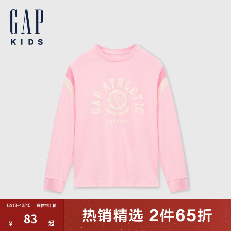 Gap 盖璞 女童2024初秋纯棉印花撞色拼接长袖T恤儿童装上衣617490 粉色 110cm(4-5