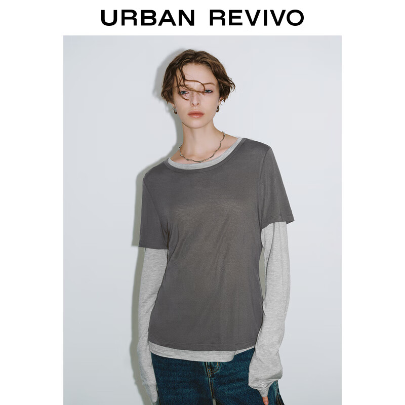 URBAN REVIVO UR2024秋季女装潮流拼接假两件拼色圆领长袖T恤UYV440053 花灰 XS 179元