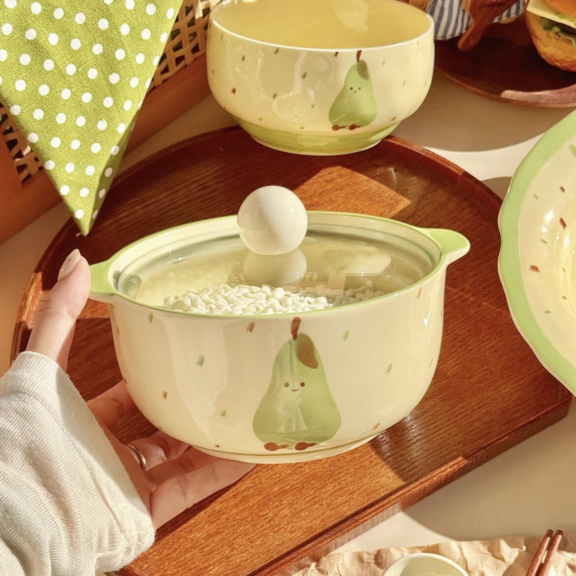 何佳功 可爱绿梨陶瓷泡面碗 带盖双耳防烫大容量粉面碗 绿梨泡面碗 2件套 1