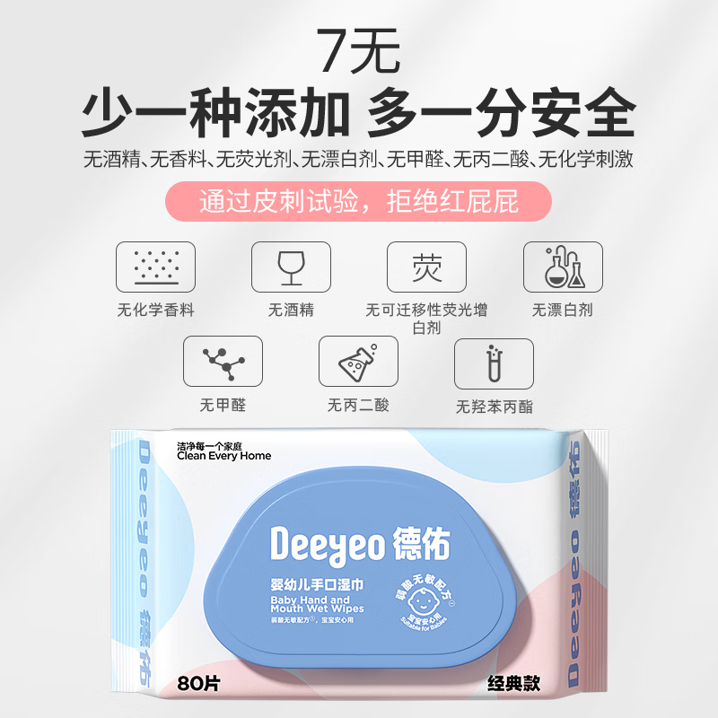 Deeyeo 德佑 手口湿巾 大包装 家庭装 80抽*1大包 1.9元（需用券）