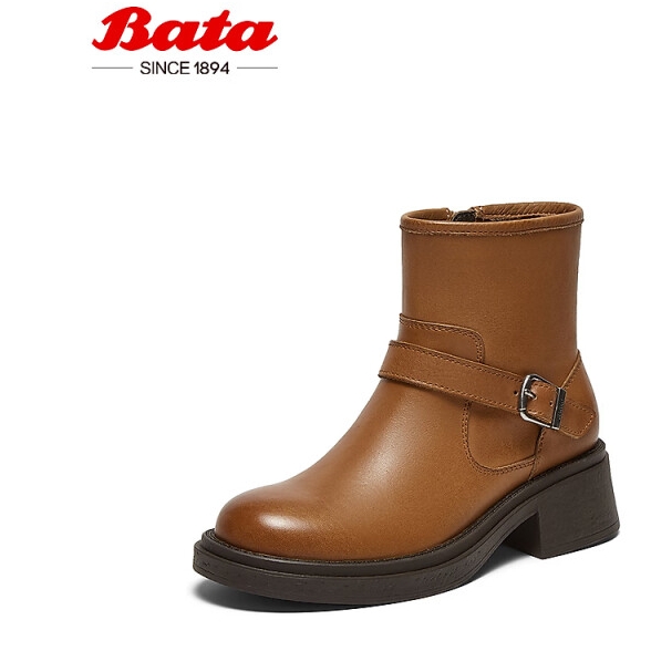 Bata 拔佳 时装靴女2024冬季新款英伦风粗跟牛皮通勤百搭短筒靴AGR41DD4 棕色-