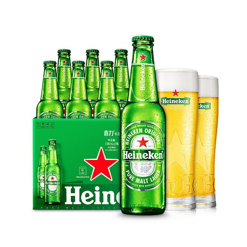 移动端、京东百亿补贴：Heineken 喜力 经典330ml*9瓶礼盒装（内含玻璃杯2个）