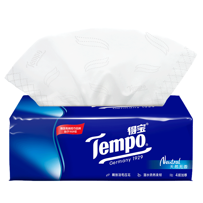 需首单、Plus会员:得宝 TEMPO 抽纸 经典无香4层90抽*1包 餐巾纸 纸巾 卫生纸 1.7