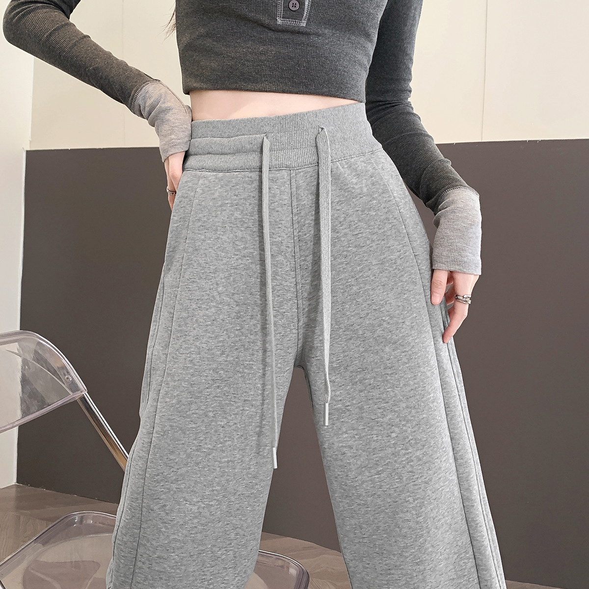 班尼路 运动裤女春季2025窄版阔腿裤小个子高腰显瘦休闲直筒卫裤 69元