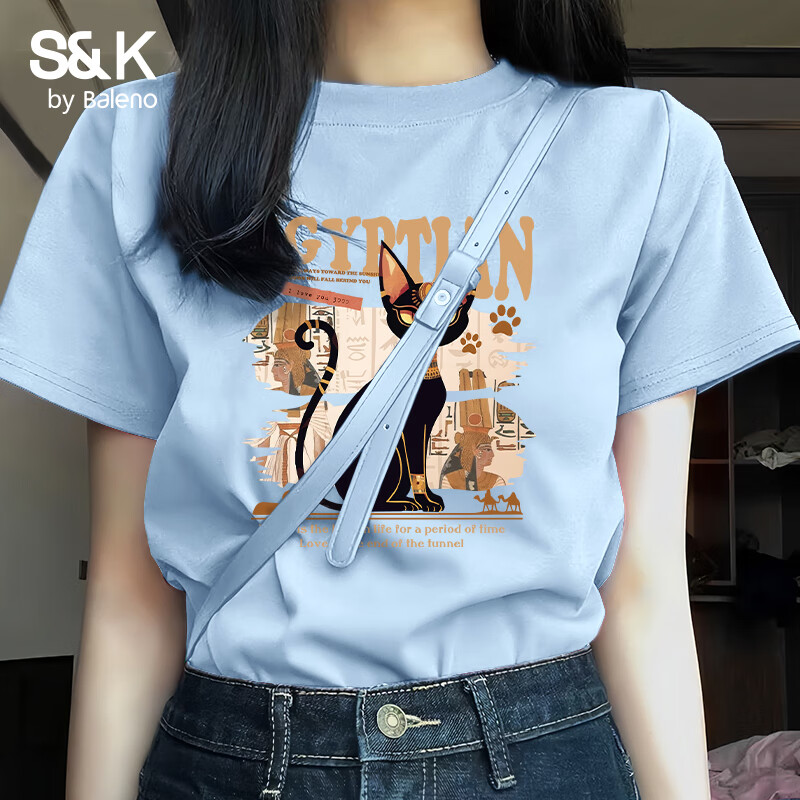 班尼路 S&K纯棉短袖T恤女2025年夏季女装时尚可爱黑色埃及小猫上衣 雾霾蓝#Z埃及小黑猫 M 29.9元