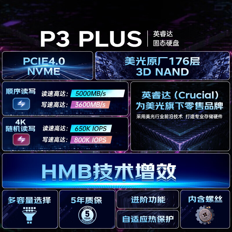 Crucial 英睿达 美光1TB SSD固态硬盘M.2接口(NVMe PCIe4.0*4) PS5拓展 读速5000MB/s P3Plus