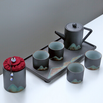 苏氏陶瓷 手绘彩画整套茶具配干泡茶盘小茶叶罐7件功夫茶杯子茶具礼盒套
