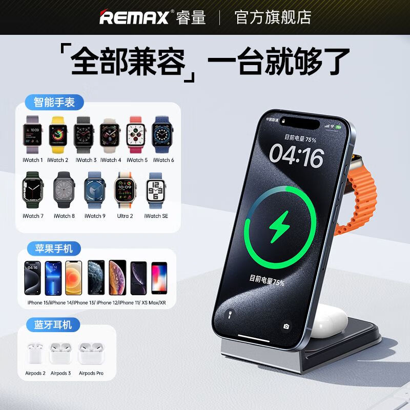 REMAX 睿量 苹果三合一无线充电器MagSafe磁吸手机支架22W快充适用iPhone15/14华为