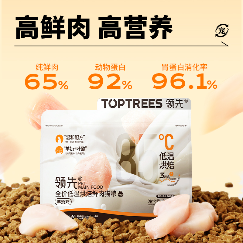 88VIP：Toptrees 领先全价低温烘焙鲜肉猫粮1.5kg*3包鸡肉羊奶宠物猫咪 222.15元（