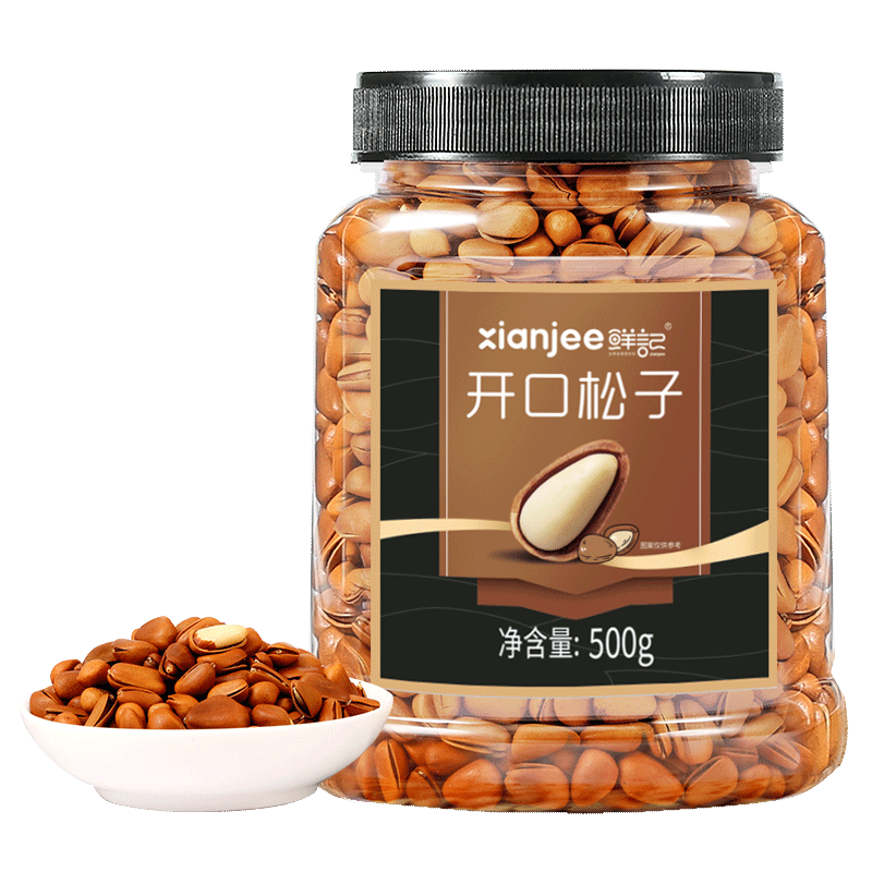 京东百亿补贴、plus会员:鲜记 开口松子500g 东北特产 量贩手剥红松*5件 189.35