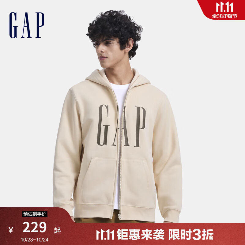 Gap男女装2024秋季新款印花字母logo抓绒连帽卫衣休闲外套660128 米色 185/104A(XXL