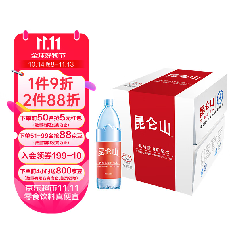 昆仑山 Kunlun Mountain 昆仑山 矿泉水天然弱碱性1.5L*6瓶 53.09元（需买2件，需用