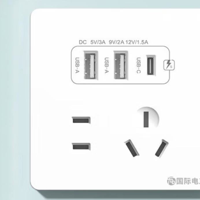 需首单：fdd 国际电工 插座面板 五孔2.1A双USB+type-c白色 12元