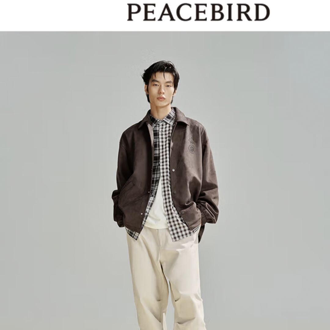 PLUS会员：PEACEBIRD 太平鸟 男士仿麂皮教练夹克 春季印花休闲茄克 112.8元包邮