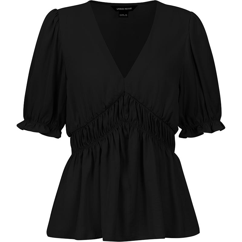 UR UR 夏季女装法式气质泡泡袖捏褶V领罩衫衬衫UWG240100 49元