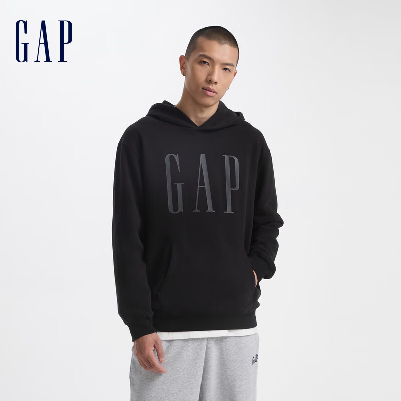 20点开始：Gap 字母logo印花连帽抓绒长袖口袋卫衣 黑色 129元包邮