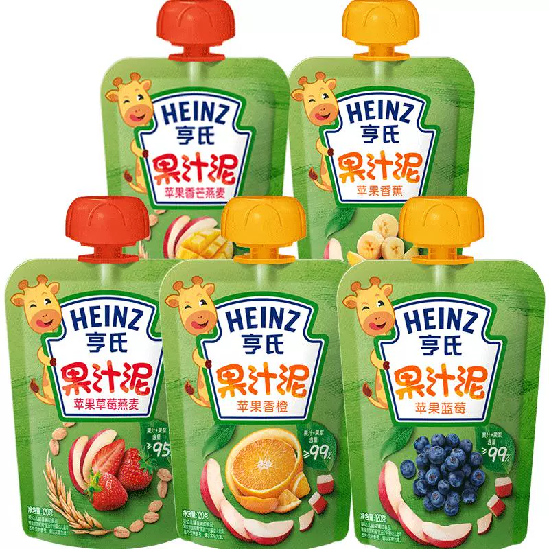 Heinz 亨氏 宝宝婴幼儿零辅食苹果多种水果泥儿童随机混合口味组合120g*5 ￥23