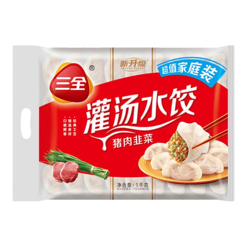 再降价：三全灌汤猪肉韭菜水饺 1kg 约54只*4 6.04元/件（共24.18元）