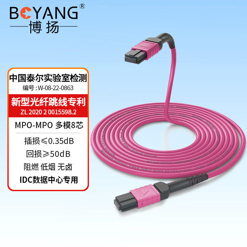 BOYANG 博扬 8芯MPO-MPO光纤跳线母头B极性兼容MTP 1米 OM4万兆多模跳纤 40G/100G光