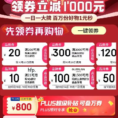 促销活动：京东双11 满200-20/3000-300元 等自营美妆补贴券 20日当天领取使用