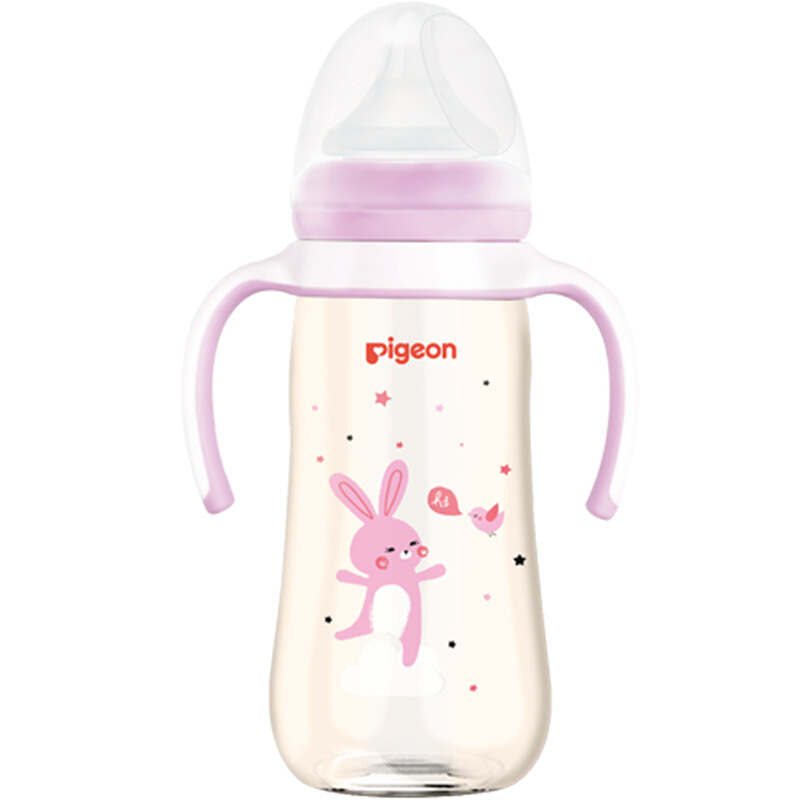 Pigeon 贝亲 宽口径PPSU奶瓶双把手自然实感彩绘奶瓶 330ml粉色小兔（6个月以上