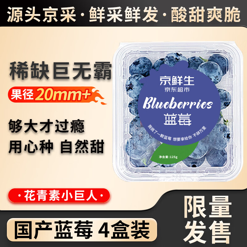 Mr.Seafood 京鲜生 国产蓝莓 4盒装 果径20mm+ 新鲜水果 源头直发包邮 65.9元