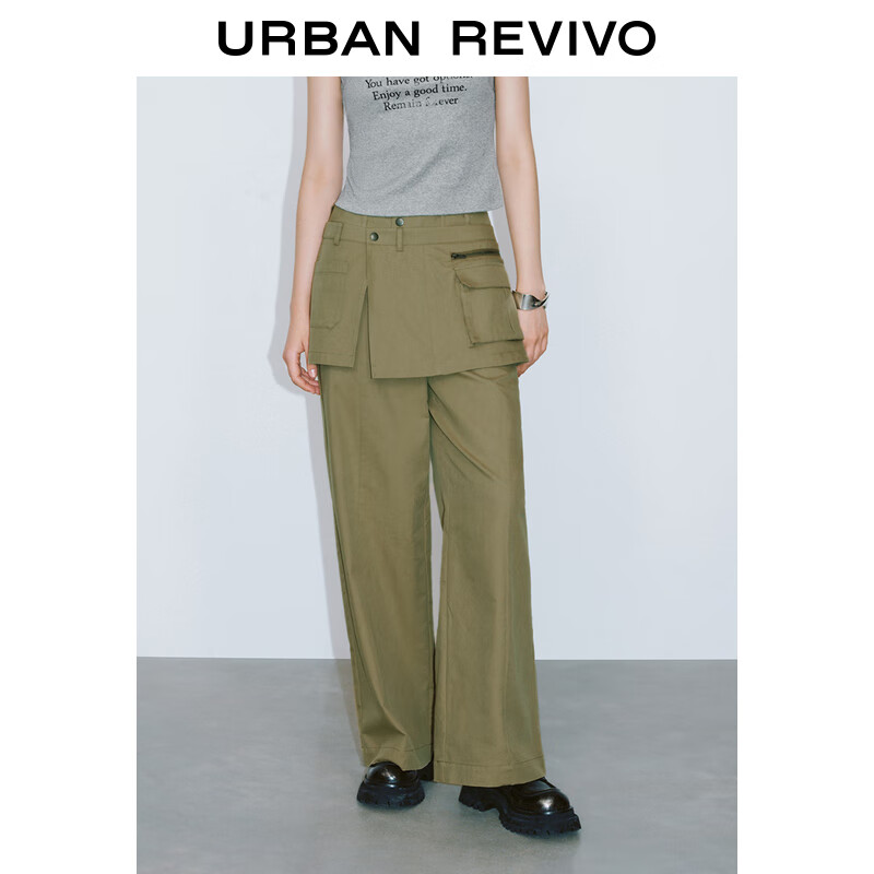 URBAN REVIVO UR2024秋季女装街潮假两件口袋双腰头阔腿裤UYV640018 卡其绿 XL 379元