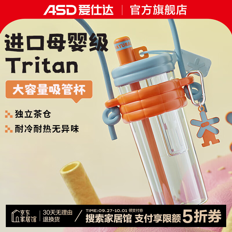 ASD 爱仕达 Tritan材质吸管水杯 650ml 海盐橘子 蓝+橙 38.45元（需买2件，需用券