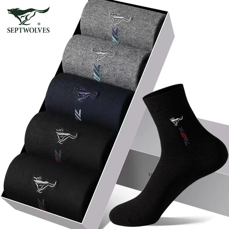 七匹狼 袜子 中高筒 纯棉厚款中筒袜 5双装 29.9元