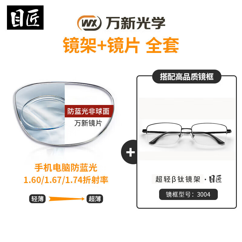 winsee 万新 1.60防蓝光镜片（哈气防伪）+纯钛多款镜架可选 58元包邮（需用券