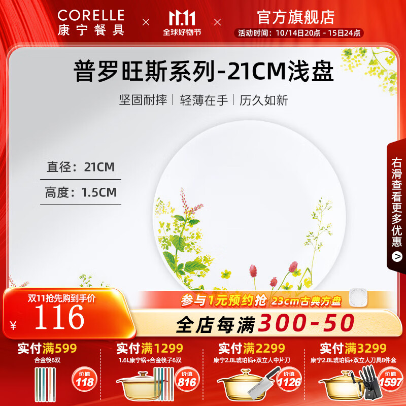 CORELLE 康宁餐具 进口普罗旺斯玻璃餐具套装饭碗面碗骨碟深盘 21cm浅盘 97.67