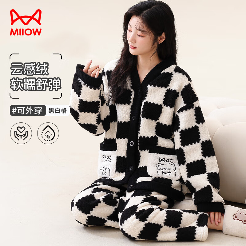 猫人 女士长毛绒卡通熊熊印花开衫家居服 XL 69.5元