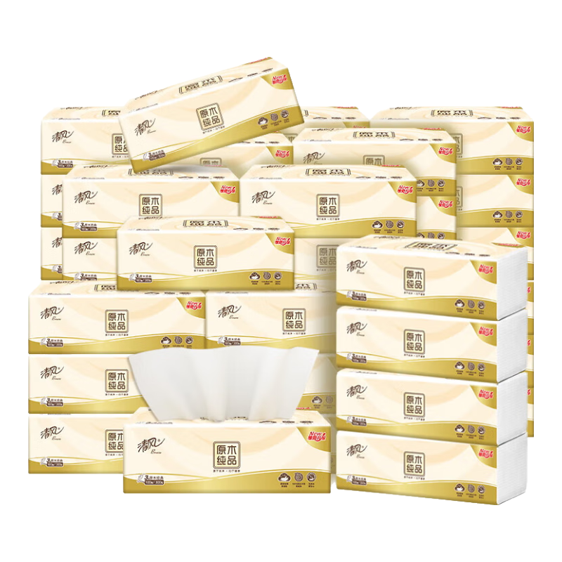 清风抽纸原木纯品3层100抽24包卫生纸家用面巾纸实惠装 100抽24包整箱 61.65元