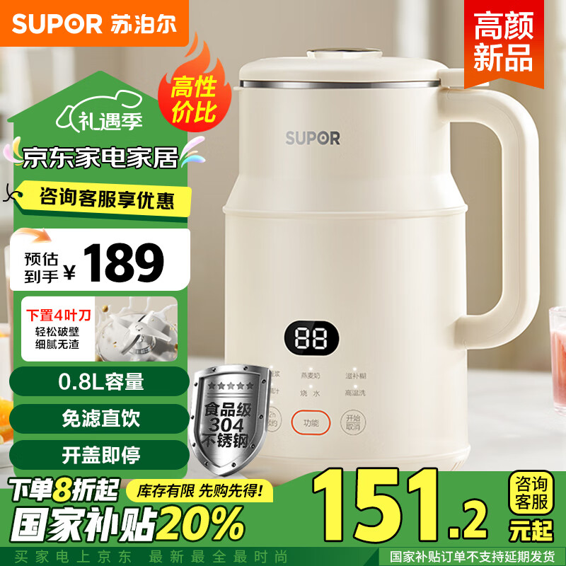 SUPOR 苏泊尔 DJ08B-P31E 豆浆机 0.8L ￥121.75