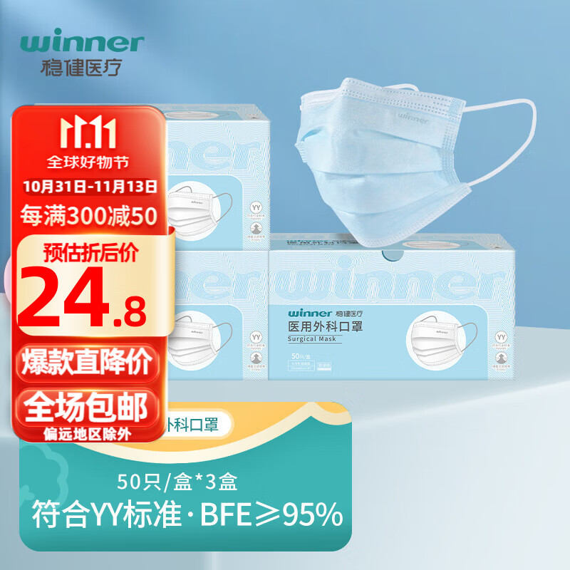 winner 稳健医疗 医用外科口罩 50只/盒*3盒 ￥21.7