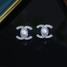 新款双C锆石珍珠耳钉高级感轻奢耳饰精致小香风气质耳环 银色 36.8元（需用