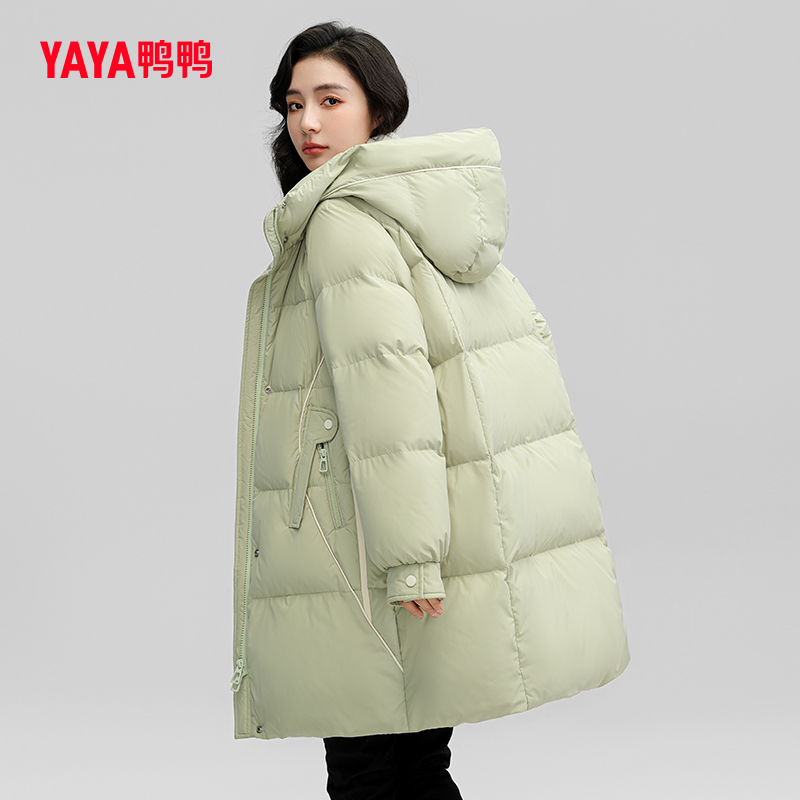 YAYA 鸭鸭羽绒服 女2023年冬季新品假两件中长款连帽韩版时尚保暖外套C 399元