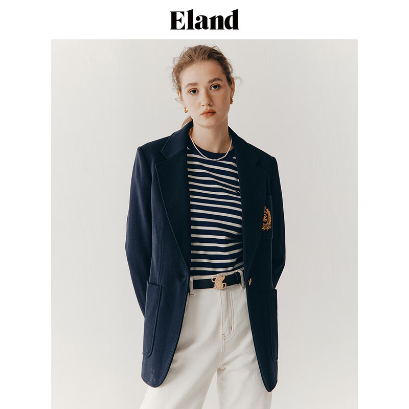 E·LAND 衣恋 ELAND衣恋时尚西装外套女学院风徽章刺绣合体上衣春季 藏青色(59)