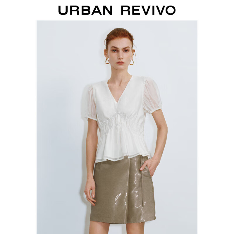 URBAN REVIVO UR2024秋季新款女装轻熟风气质V领泡泡袖罩衫衬衫UWM240006 159元（需