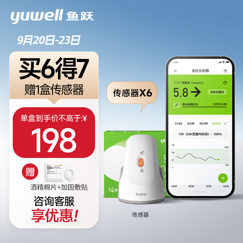 yuwell 鱼跃 安耐糖动态监测仪免扎手指家用血糖仪传感器6只装（不含发射器