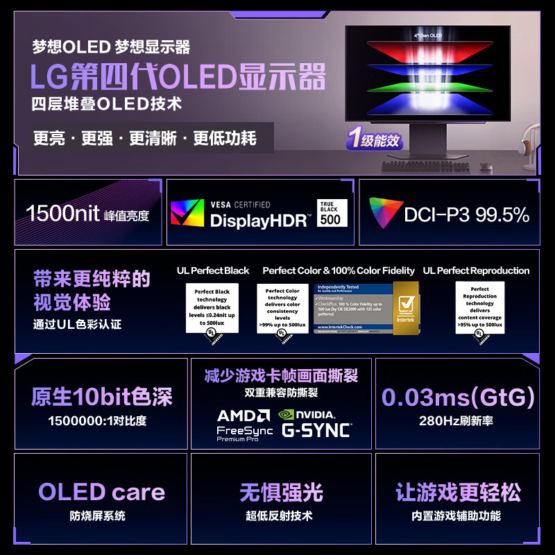 LG GX7 26.5英寸 第四代OLED 2K显示器280Hz 0.03ms响应 TrueBlack500高刷显示屏 27GX700A 3199元 - 86线报