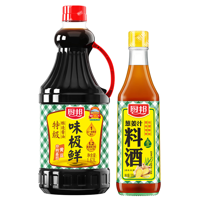 Plus会员：厨邦酱油 味极鲜系列 酱油料酒组合 酱油1.63L+料酒500ml 调料套装 +