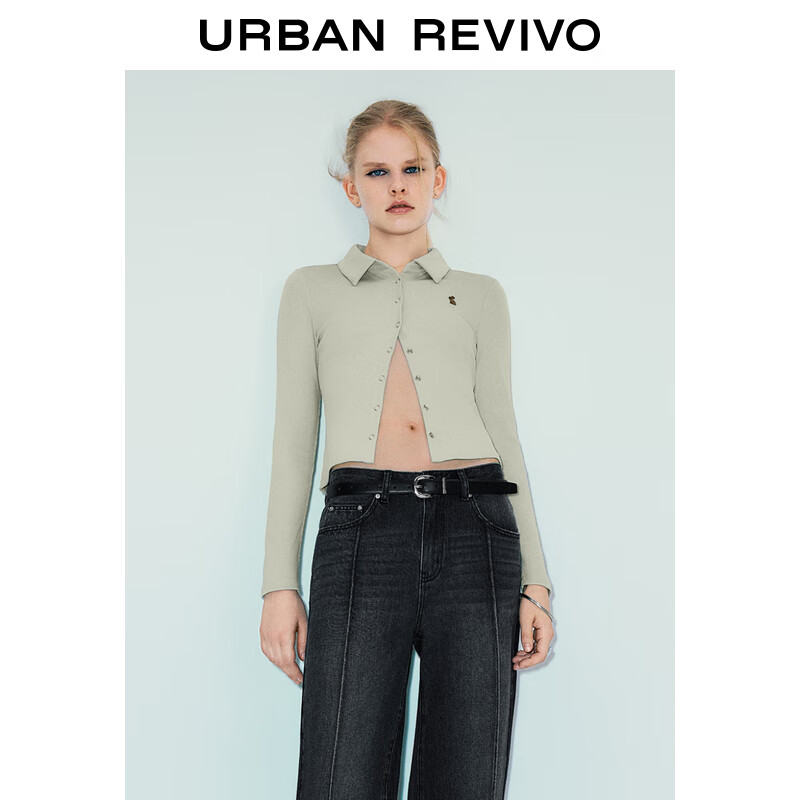 URBAN REVIVO UR2024秋季女装趣味刺绣图案修身正肩长袖T恤UYY440033 浅卡其 M 119元