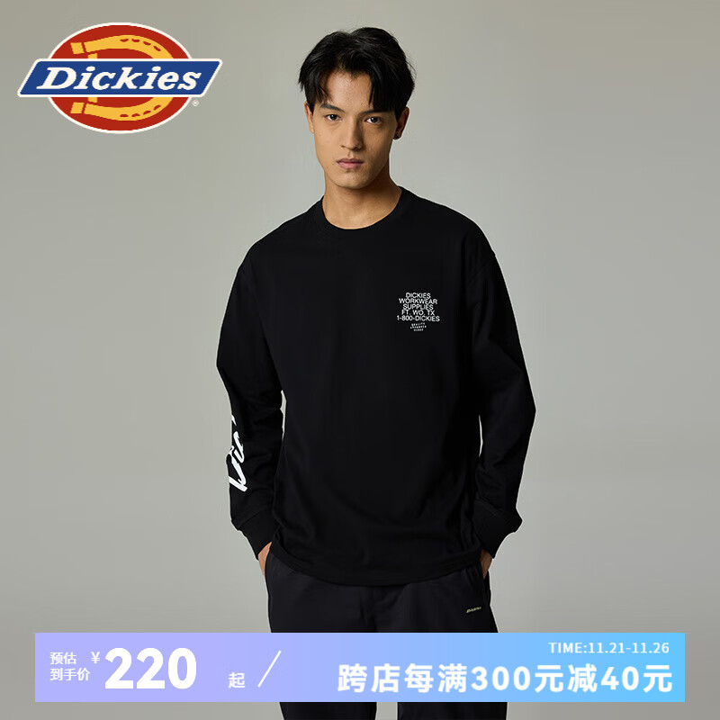 Dickies 帝客 男士字母印花长袖T恤 卫衣男 休闲百搭背后大图案卫衣 DK0A87FF 黑