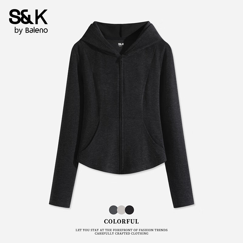 Baleno S&K系列开衫连帽卫衣短款外套女秋冬女装清仓爆款！运动风上衣 34.9元