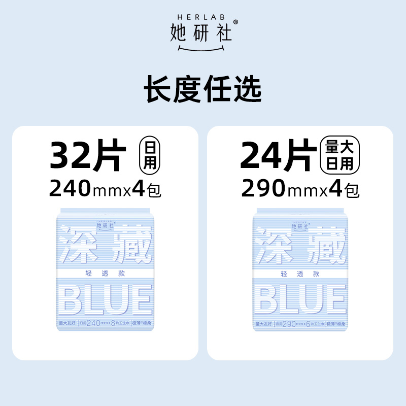 88VIP：她研社 Herlab 深藏blue轻透款日用卫生巾 240mm*4包 28.4元